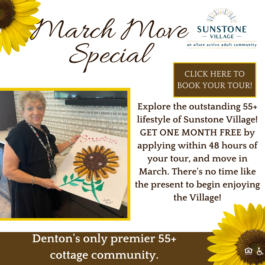 Up to one month free at Sunstone Village in Denton, Texas.