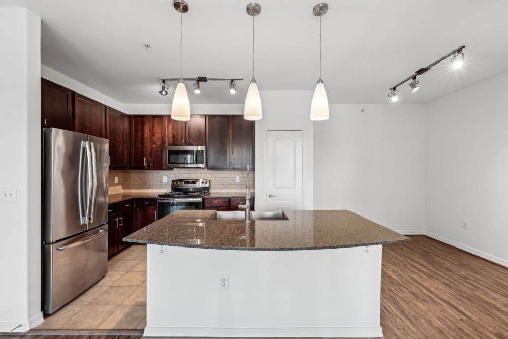 Kitchen with granite countertops and stainless-steel appliances at Barron Park in Pearland, Texas