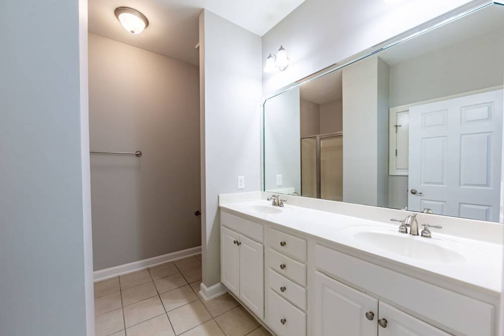 Bathroom with vanity mirror at Amelia Apartments in Fayetteville, North Carolina