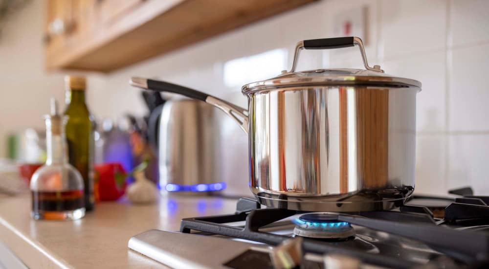 Stainless-steel stockpot at McHenry Commons in McHenry, Illinois