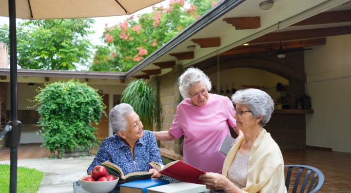 Senior ladies chatting over a book