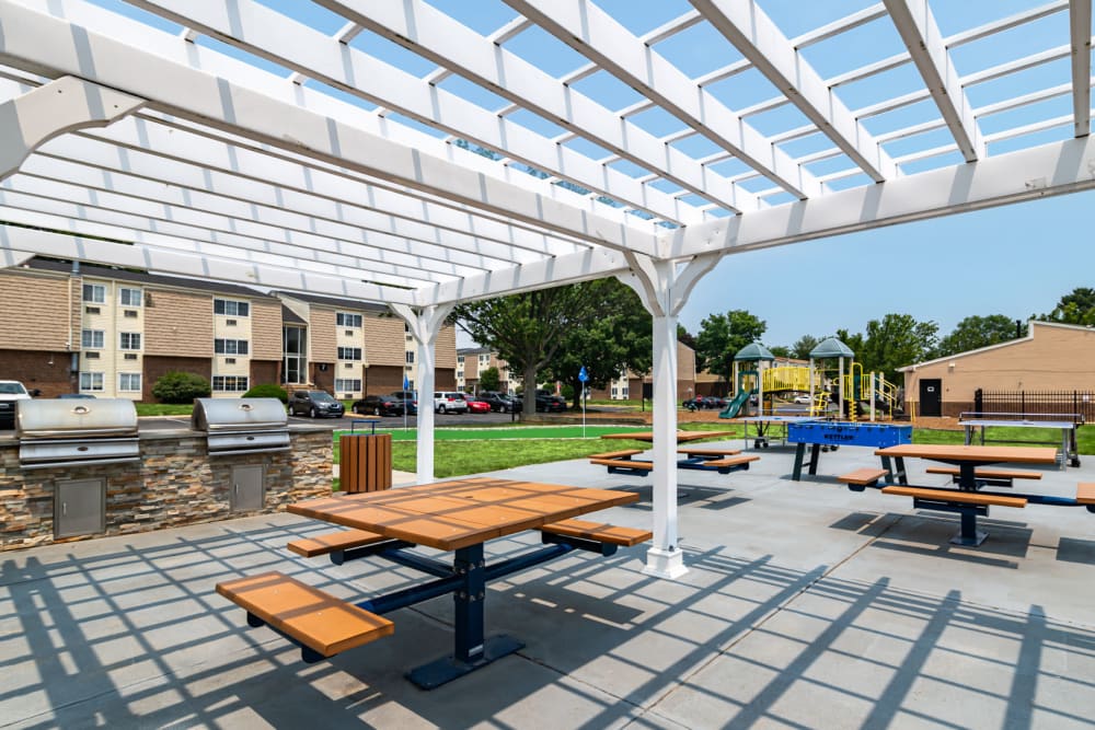 Grilling stations and picnic area at William Penn Village Apartment Homes in New Castle, Delaware
