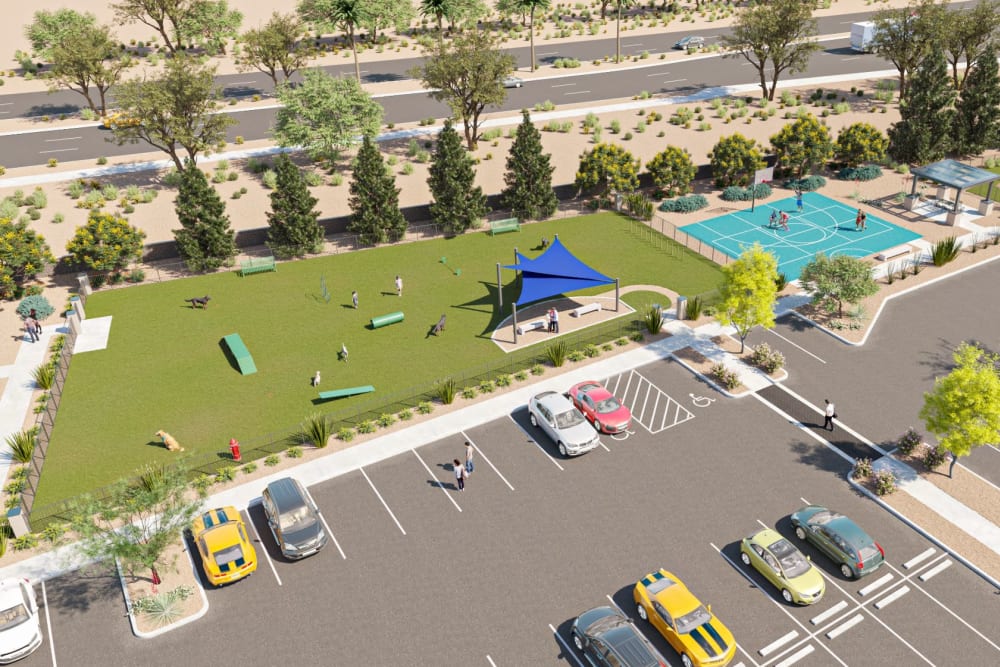 Onsite dog park and recreation courts at Aviva Goodyear in Goodyear, Arizona