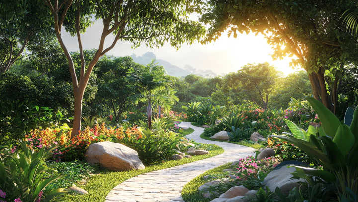 A winding stone path in a lovely garden representing transition to something good