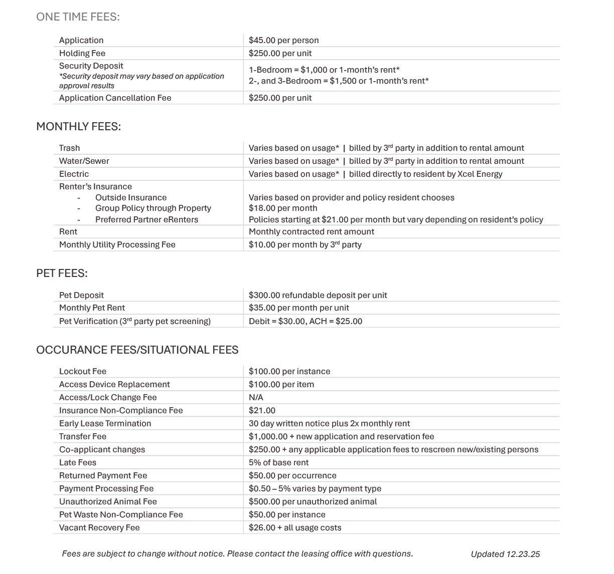 Fee Transparency Disclosure at Union at the Park in Denver, Colorado