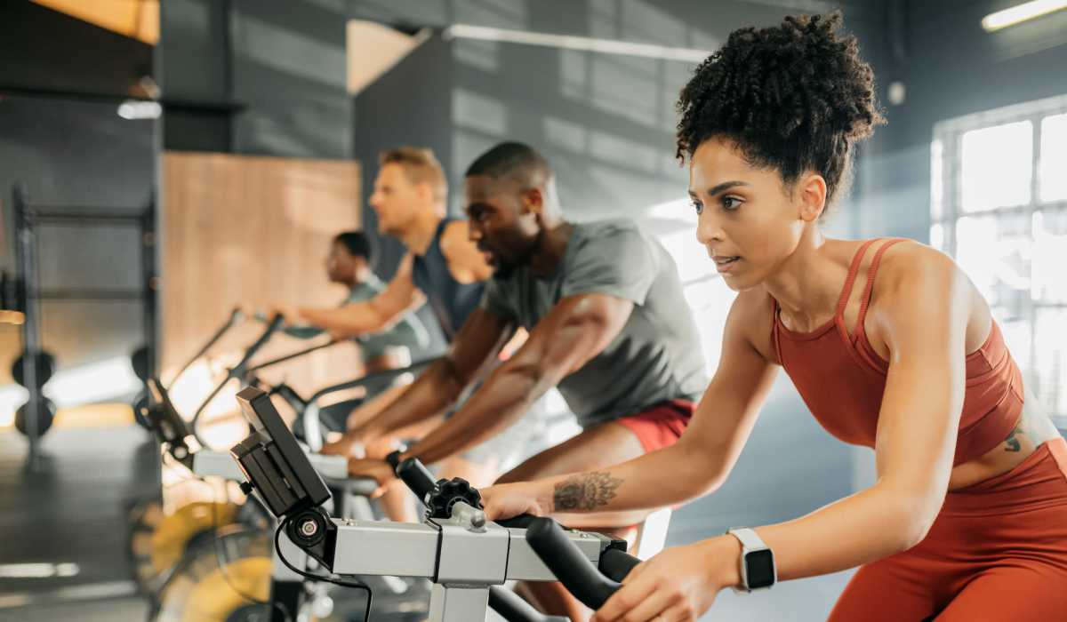 Resident's doing cardio exercise in fitness center at The Corliss in Milwaukee, Wisconsin