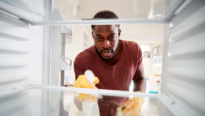 Man deep cleaning a fridge at Olympus Harbour Island in Tampa, Florida