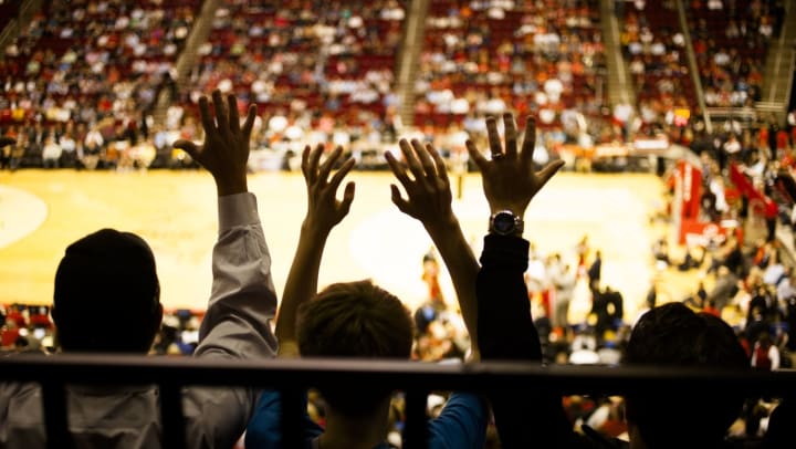 Three people in the crowd at a basketball game. Their hands are up, facing away.  