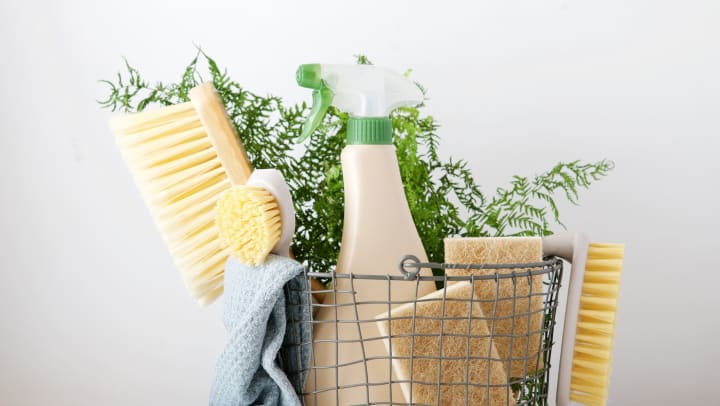 Eco brushes, sponges, and a blue rag in a wire basket against a white background.