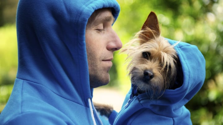 A  man holding his dog in matching blue hoodies outdoors.