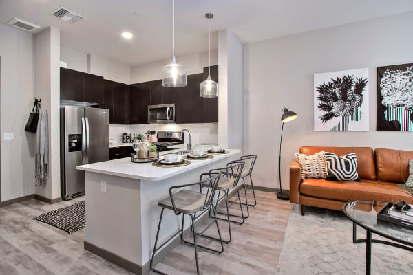 Open-concept kitchen with hardwood-style flooring and espresso wood cabinetry in a model apartment at Jade Apartments in Las Vegas, Nevada