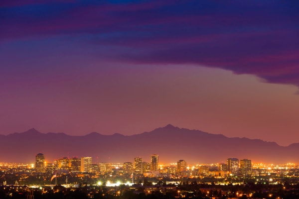 Surreal view of downtown Phoenix at dusk from Sentio in Glendale, Arizona