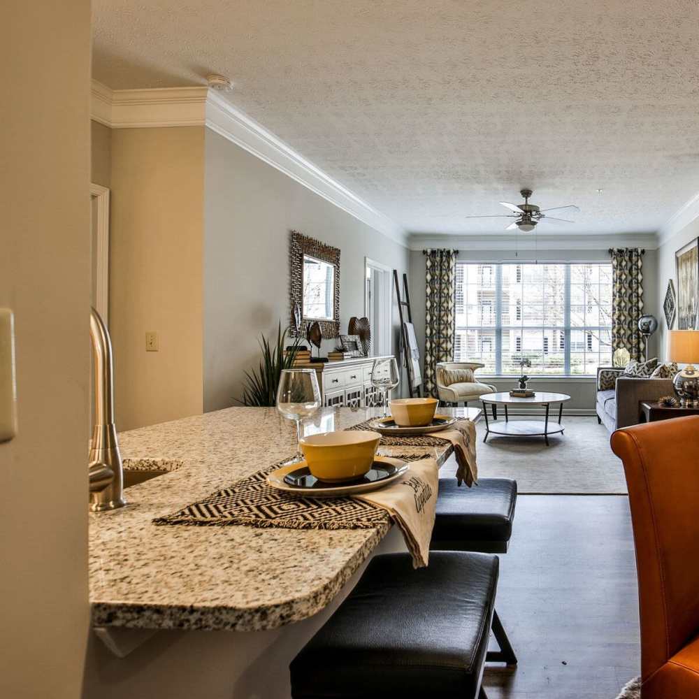 Kitchen countertop with barstool seating at Avonlea Highlands in Cartersville, Georgia