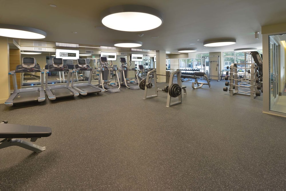 Well equipped fitness center at 2900 on First Apartments in Seattle, Washington