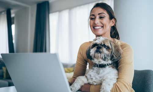 Resident cuddling dog in lap while working on computer at Vivo Living Charlotte in Charlotte, North Carolina