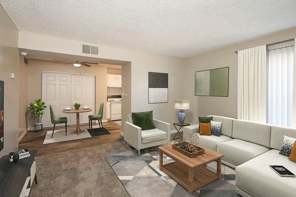 Living room and dining area at California Center Apartments in Sacramento, California