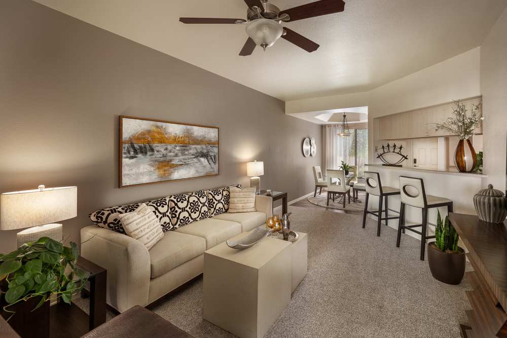 Modern decor in living area of model home at San Palmilla in Tempe, Arizona