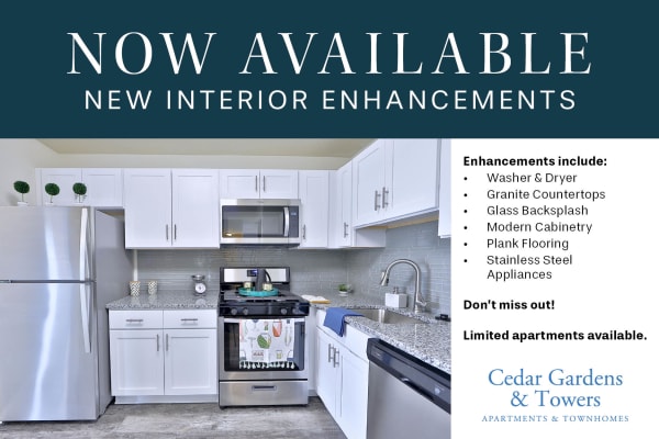 Cedar Gardens and Towers Apartments & Townhomes enhancement promotion graphic