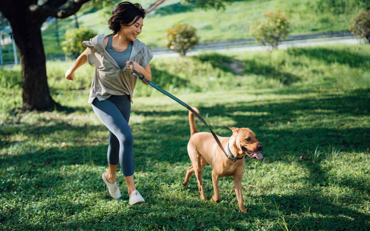 Resident walking their dog through a park near Tyndall Pointe in Panama City, Florida 