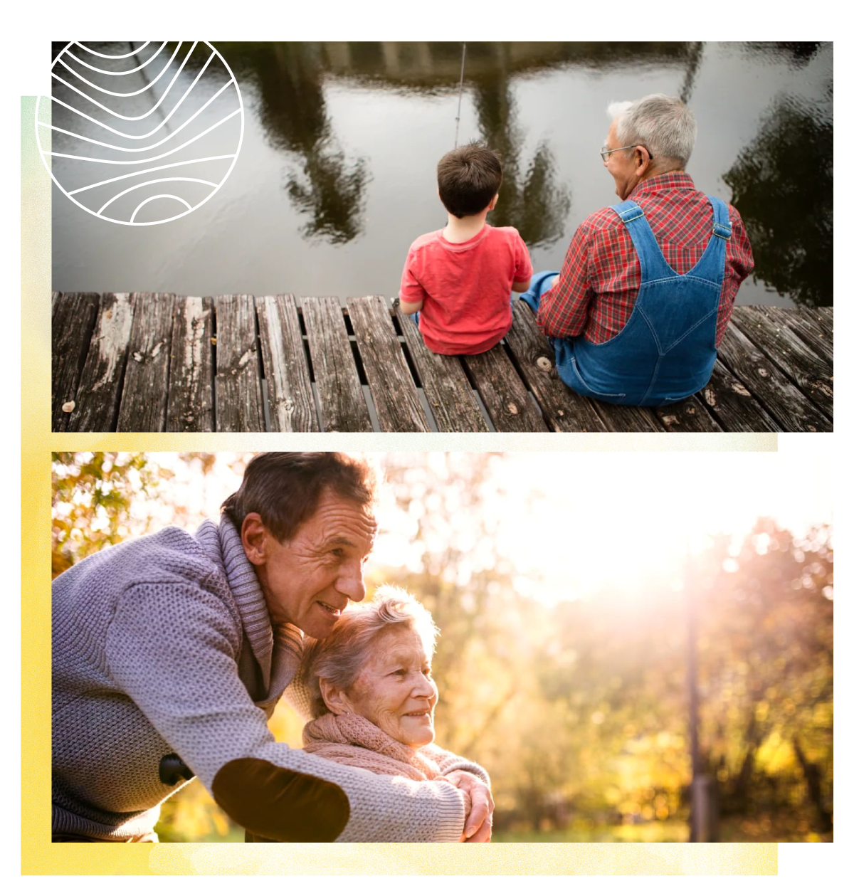 Resident sitting with a young family member on a dock at Citrus Place in Riverside, California and Resident couple out for a stroll, one using a wheelchair at Citrus Place in Riverside, California
