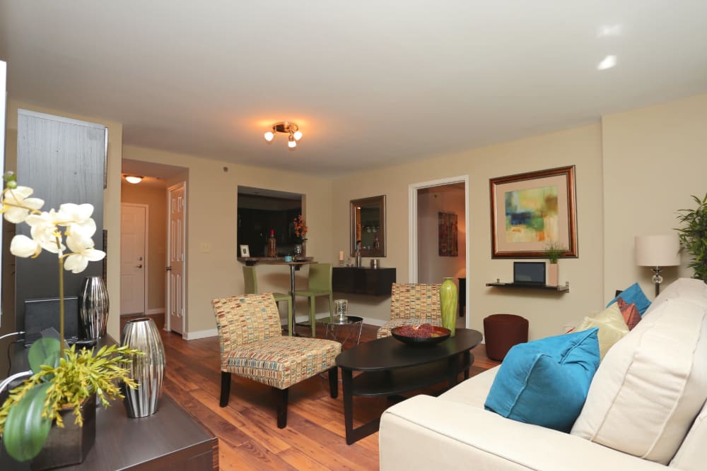 Well-furnished living space in an open-concept model home at City Plaza in Atlanta, Georgia