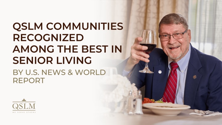 Senior gentleman holding a glass of wine: QSLM Communities Recognized Among the Best in Senior Living