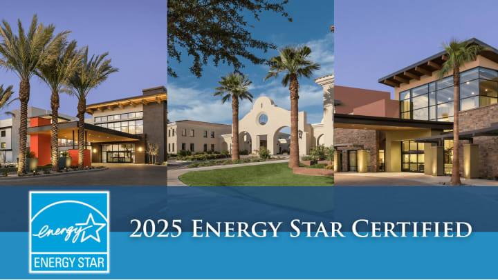 Front facades of the Clearwater communities named Agritopia, Ahwatukee, and Mayo Blvd.