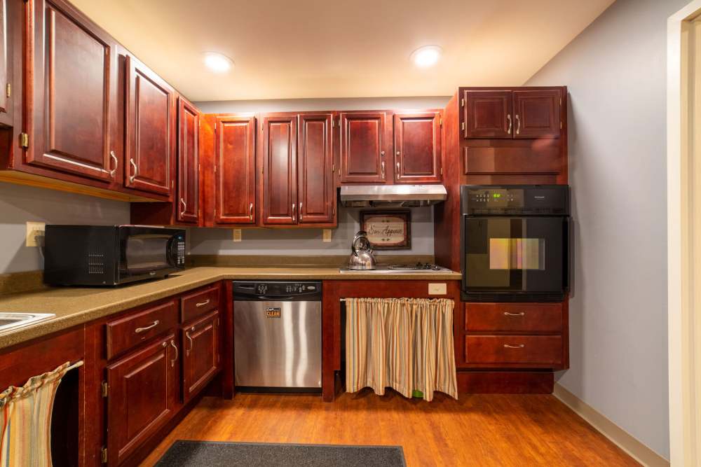 Community kitchen at Linwood Mill Apartments in Whitinsville, Massachusetts