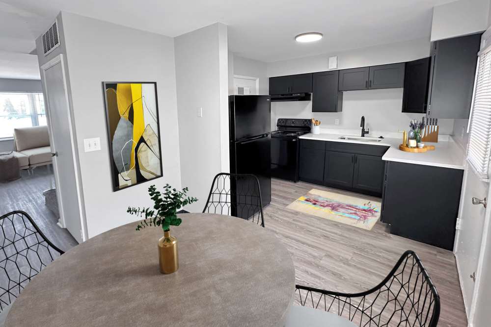 View of modern kitchen at Eden Brooke Townhomes in Columbus, Ohio