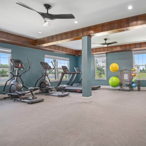 Fitness center with cardio machines, bright windows, and exercise balls on the floor at Crestwood Manor in Frederick, Maryland