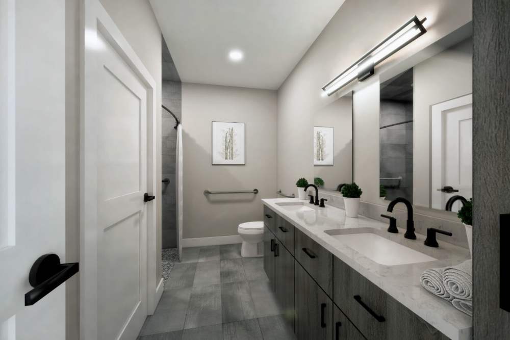 Modern decor in a model home's bathroom at Encore at West Valley in White Lake, Michigan