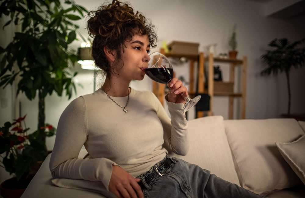 A resident having a drink while sitting on her couch in living room at Kernwood Terrace in Los Angeles, California
