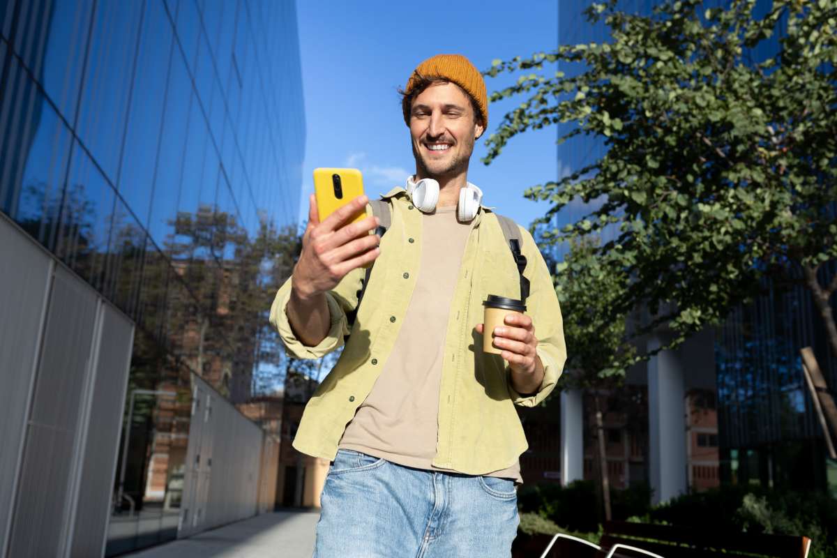 Resident using mobile near Rosemont At Lakewest in Dallas, Texas