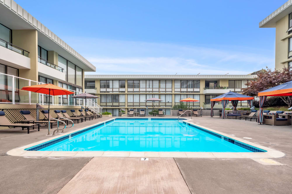 Sunny pool day at Skyline Terrace Apartments in Burlingame, California