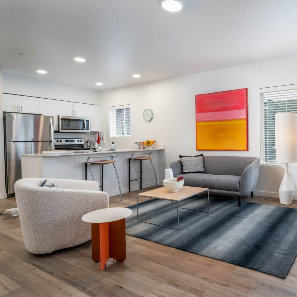 Beautifully furnished living room at Arrow Apartments in Lacey, Washington