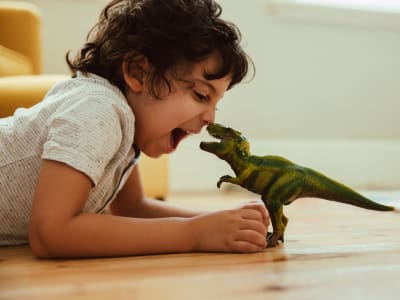 Kid playing with a dinosaur toy at Bancroft Towers in San Leandro, California
