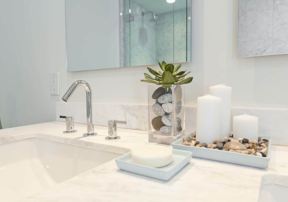 Modern bathroom with big mirror, sink at Cresta Bella in San Diego, California Cresta Bella in San Diego, California