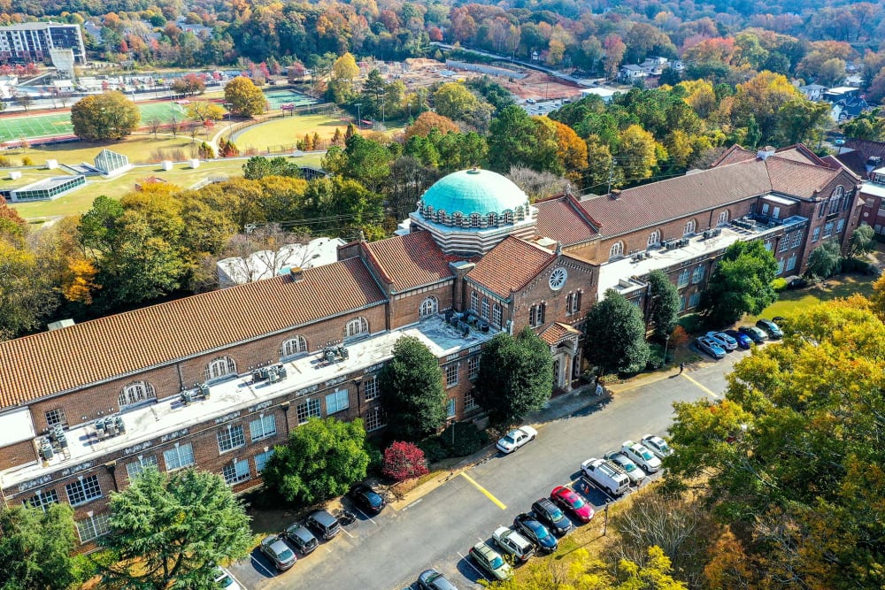 Aerial view of the parking area at Roosevelt Historic Lofts in Atlanta, Georgia