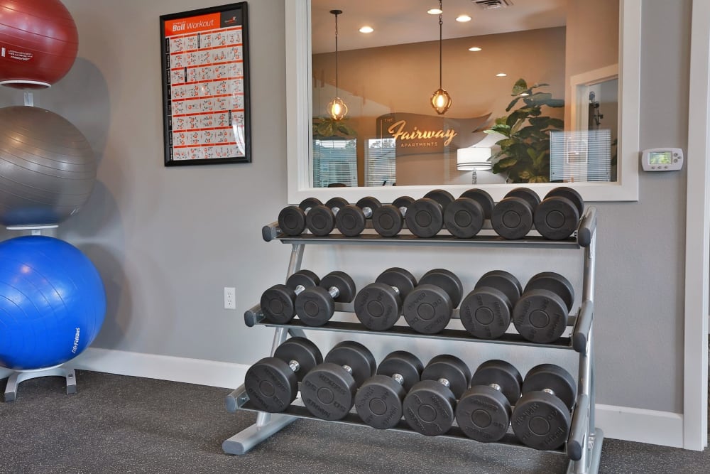 Dumbbell rack for residents at The Fairway Apartments in Salem, Oregon