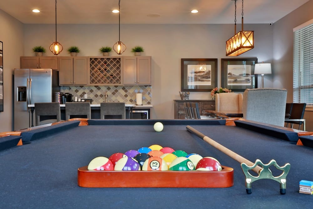Pool balls on the pool table in the community lounge at The Fairway Apartments in Salem, Oregon