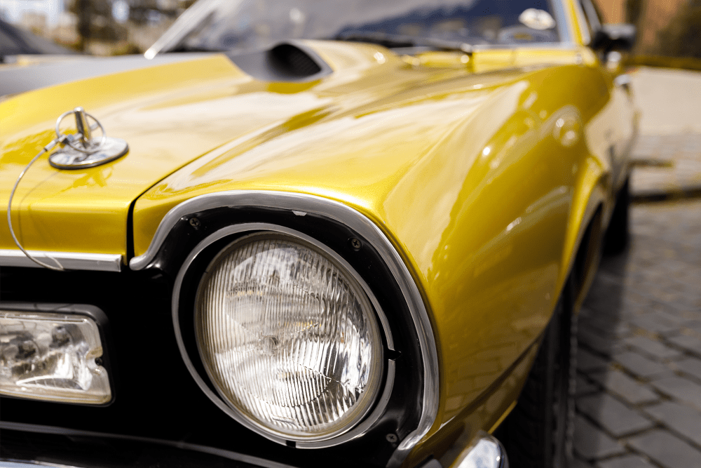 A yellow classic car stored at BuxBear Storage in San Francisco, California