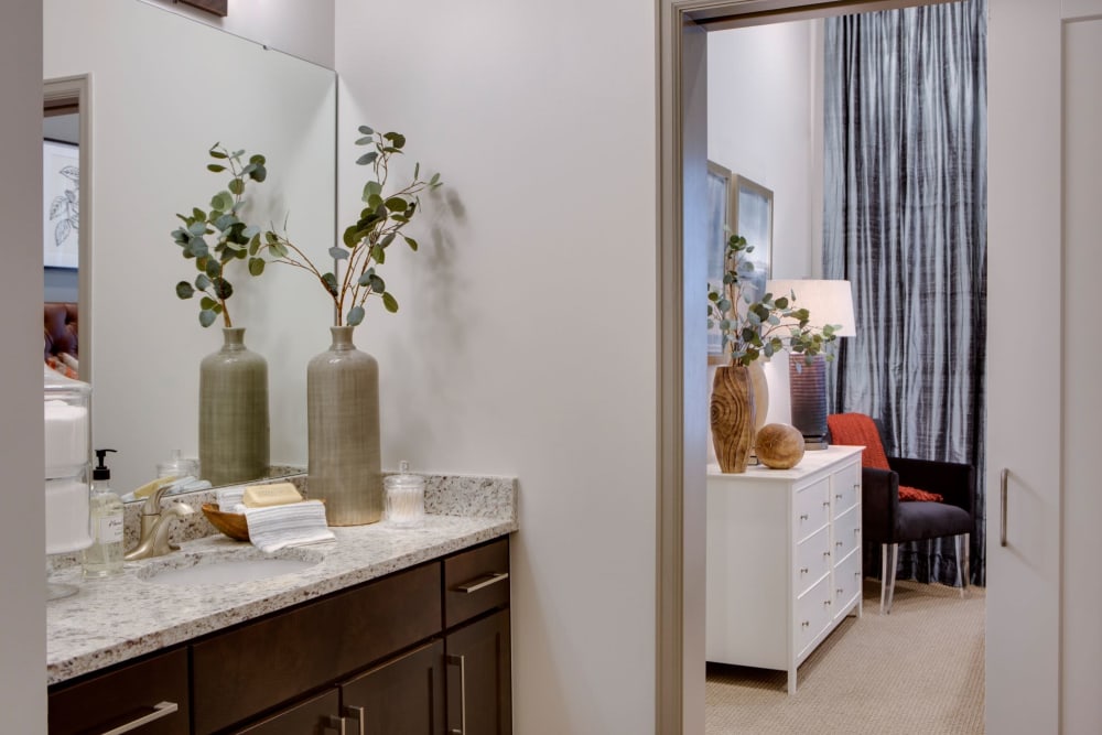 Resident vanity, decorated with plants at Anthology of Town and Country in Town and Country, Missouri