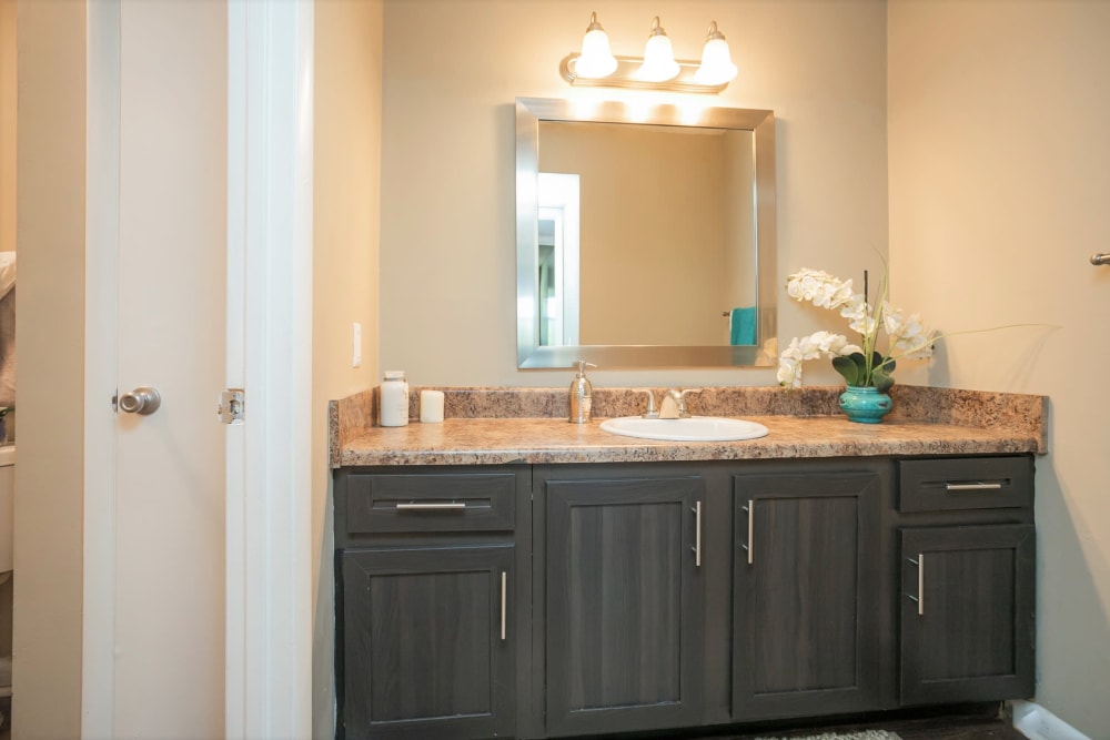 Bright bathroom with plenty of counter space at The Village at Crestview Apartments in Madison, Tennessee