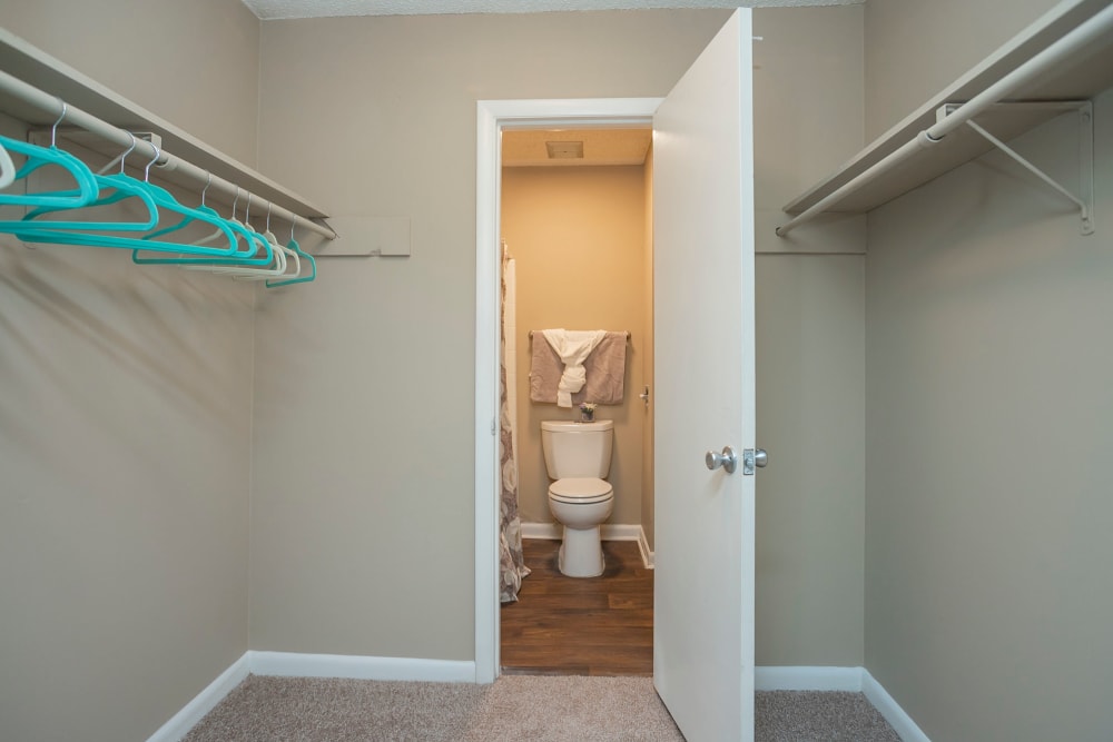 Closet and bathroom at The Village at Crestview Apartments in Madison, Tennessee