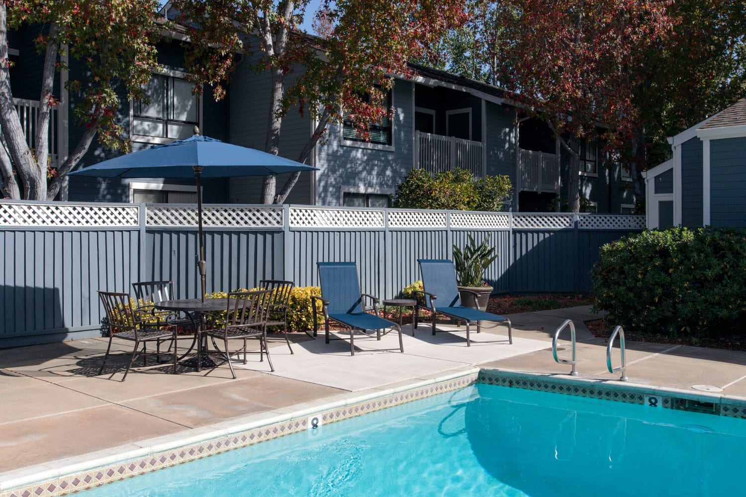 Dazzling blue swimming pool at Amber Court in Fremont, California