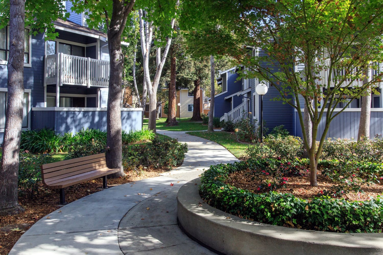 Walkway surrounding housing at Amber Court in Fremont, California