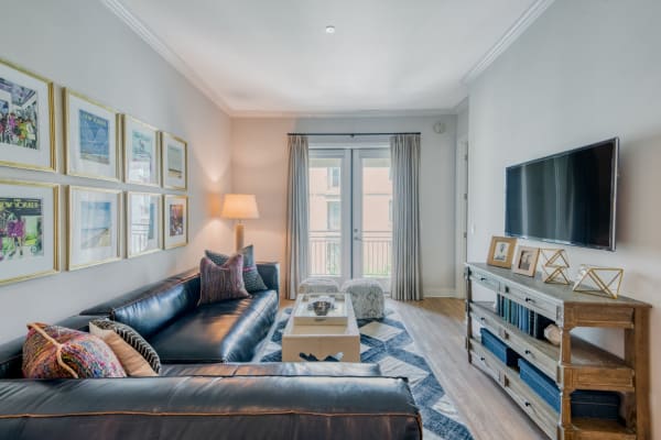 Spacious living room with very cool art and modern decor at Broadstone Waterfront in Scottsdale, Arizona