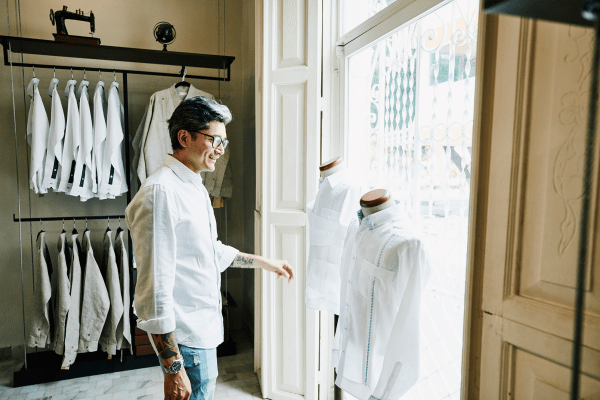 A resident in the clothing store looking at a mannequin at Elkhorn, Nebraska 