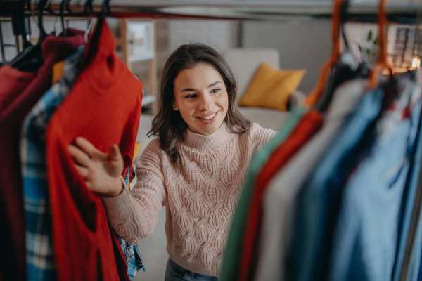 Girl smiling while selecting clothes from a hanging rack in a cozy living space at Valley Brook Townhomes in Rochester, New York