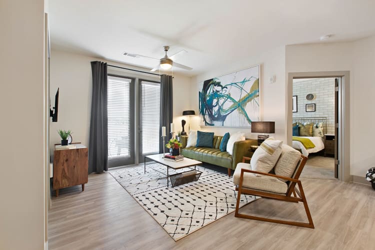 Well-furnished model home's living area at 8 Metro Station in Charlotte, North Carolina